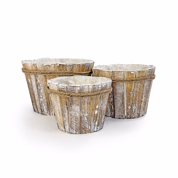 Комплект от 3 дървени кашпи, кафяв браш