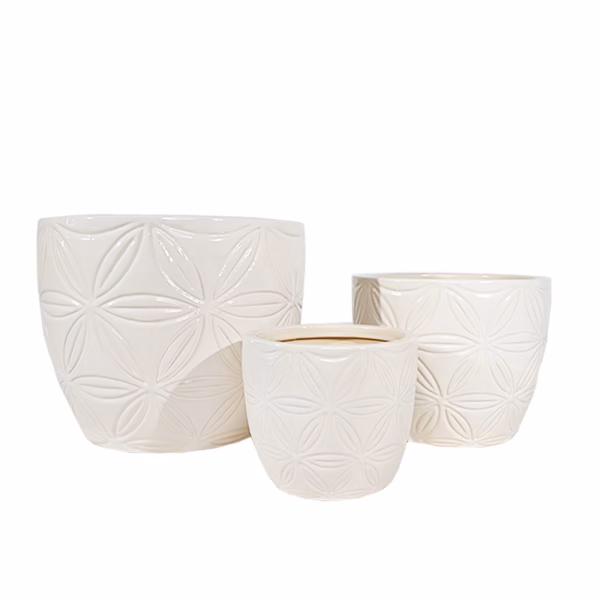Комплект от 3 керамични кашпи LOOK, Керамика, ф24, ф18, ф14 см, Бял