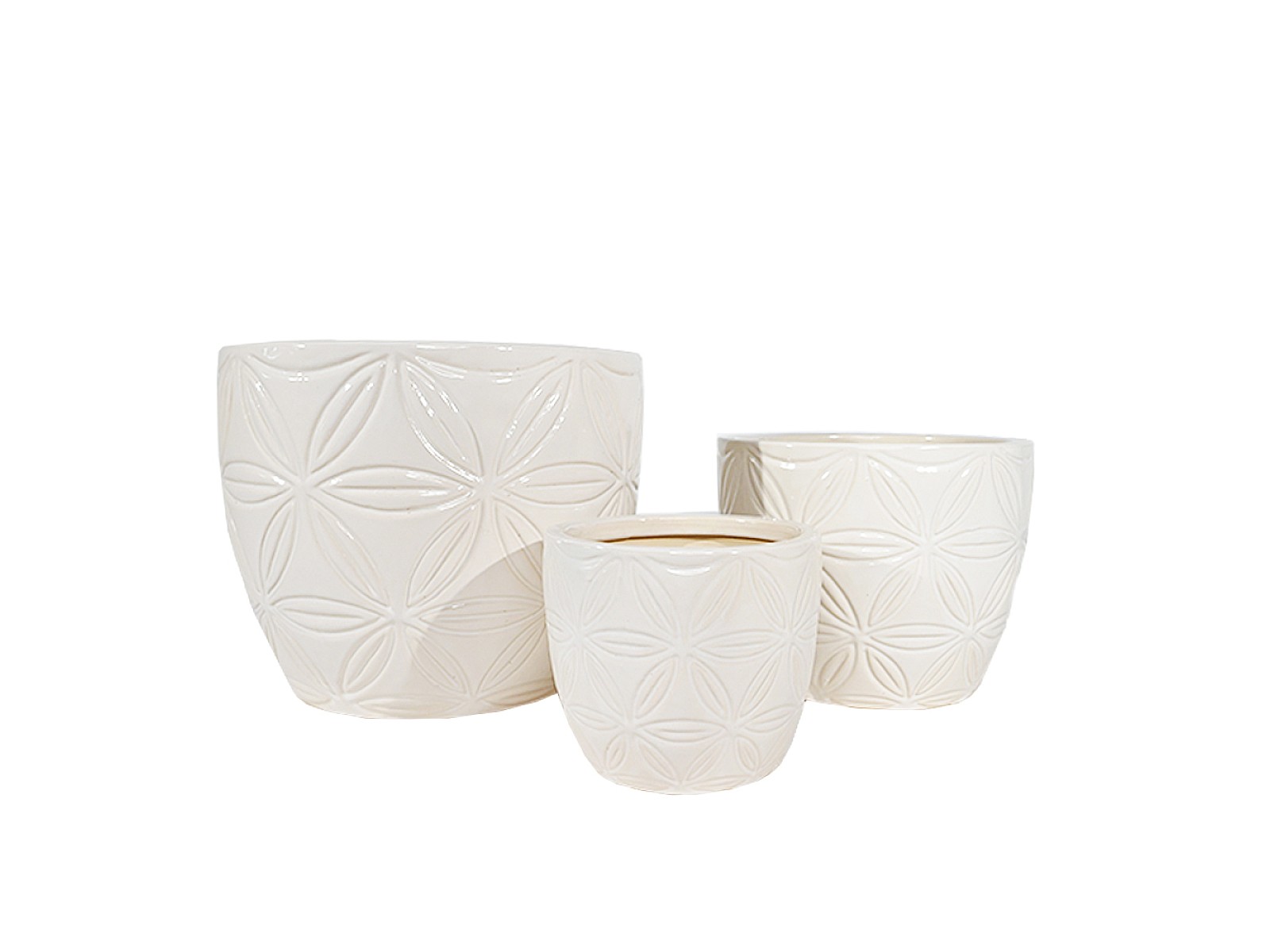 Комплект от 3 керамични кашпи LOOK, Керамика, ф24, ф18, ф14 см, Бял