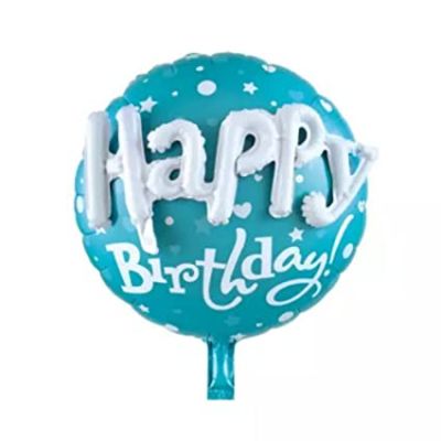 Кръгъл балон с обемни 3D букви Happy Birthday, син