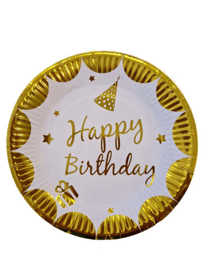 Чинийки, хартиени, Happy Birthday, златни, 7'', 10бр.