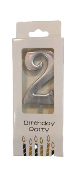 Кутия 12 броя_Свещички металик сребро цифра 2