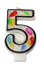 Кутия 12 броя_Свещички с балончета двустранни цифра 5