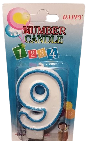 Кутия 12 броя_Свещички със син контур цифра - №9
