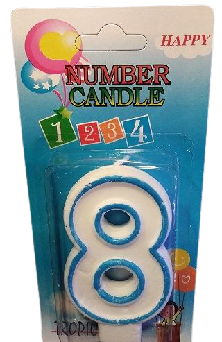 Кутия 12 броя_Свещички със син контур цифра - №8