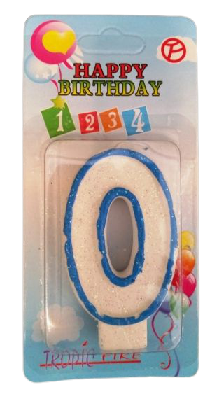 Кутия 12 броя_Свещички със син контур и брокат цифра - 0