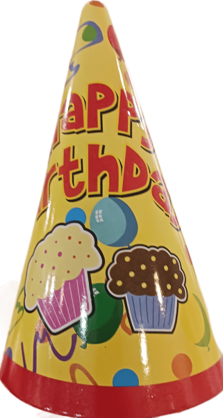 Парти шапки Happy Birthday, жълти 16см, 50 броя