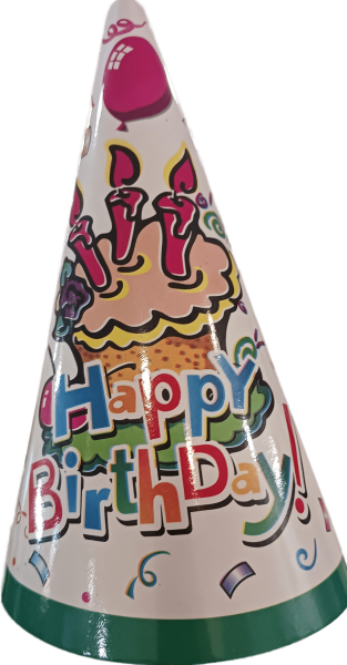Парти шапки Happy Birthday, бели 16см, 10 броя
