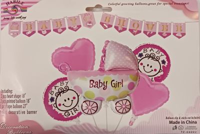 Комплект Балони фолио Baby Girl и банер Baby Shower (розово) /5 броя балони + 1банер