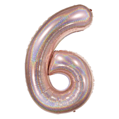 Фолиев балон цифра 6, ХОЛОГРАМНО РОЗОВО ЗЛАТО - 102см