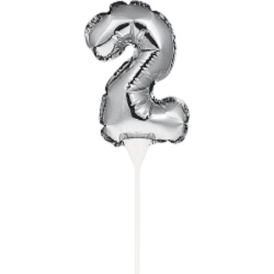 Фолиев балон цифра 2, сребърен, с пръчка - 17см