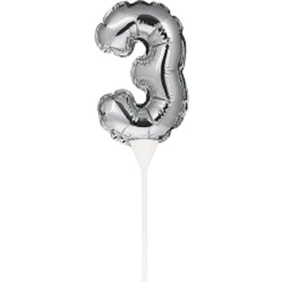 Фолиев балон, цифра 3, сребърен, с пръчка - 17см