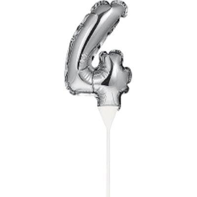 Фолиев балон, цифра 4, сребърен, с пръчка - 17см