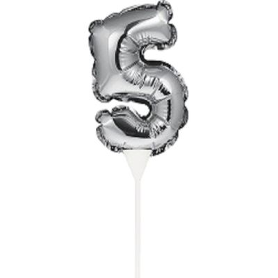 Фолиев балон, цифра 5, сребърен, с пръчка - 17см