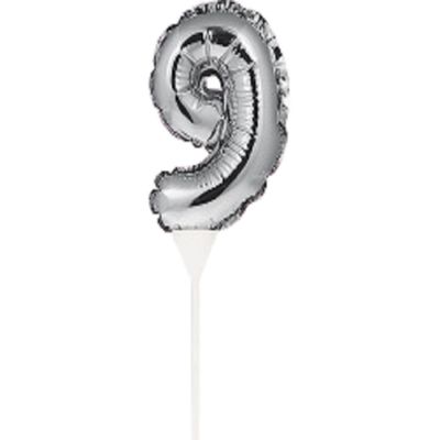 Фолиев балон, цифра 9, сребърен, с пръчка - 17см
