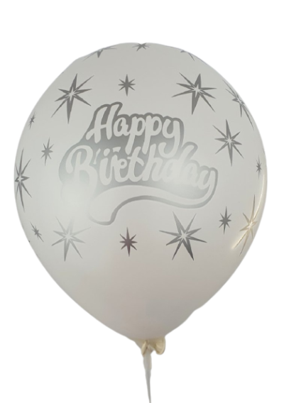 Балони с печат Happy birthday и сребърни звезди  - 30см, 100бр., бели със сребърен печат