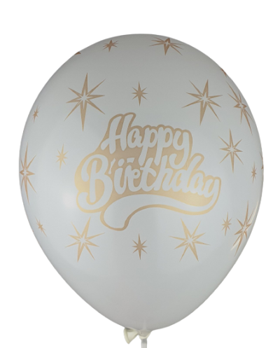 Балони с печат Happy birthday и златни звезди  - 30см, 100бр., бели със златен печат