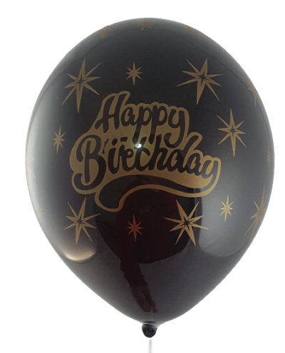 Балони с печат Happy birthday и златни звезди  - 30см, 100бр., черни със златен печат