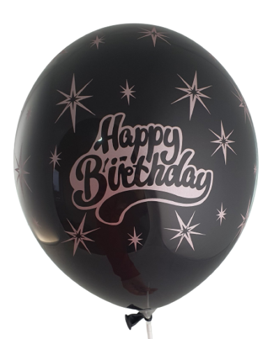 Балони с печат Happy birthday и звезди в розово злато  - 30см, 100бр., черни с печат в розово злато