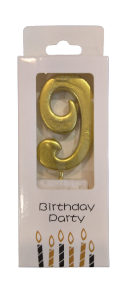 Свещичка металик злато цифра 9, 1 брой