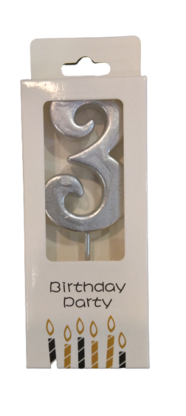 Свещичка металик сребро цифра 3, 1 брой