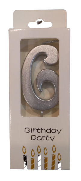 Свещичка металик сребро цифра 6, 1 брой