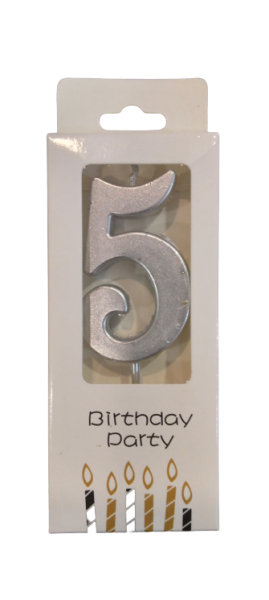 Свещичка металик сребро цифра 5, 1 брой