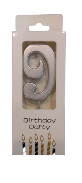 Свещичка металик сребро цифра 9, 1 брой