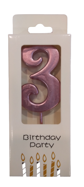 Свещичка металик розово злато цифра 3, 1 брой
