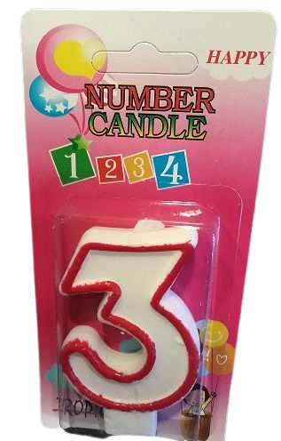Свещичка с червен контур цифра - №3, 1 брой