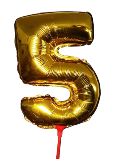 10 броя-Фолиев балон цифра 5, златен, с пръчка - 40см