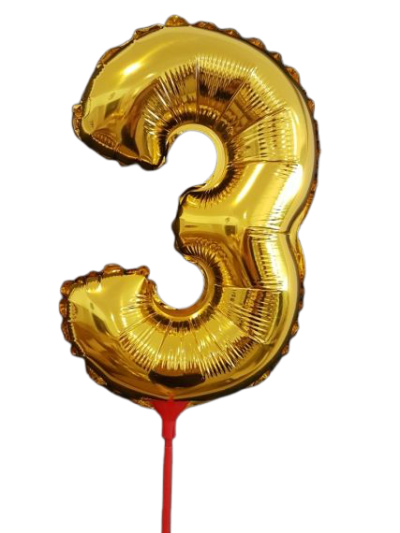 Фолиев балон цифра 3, златен, с пръчка - 40см