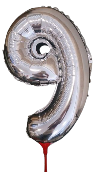 10 броя-Фолиев балон цифра 9, сребърен с пръчка - 40см