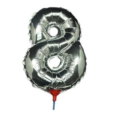 10 броя-Фолиев балон цифра 8, сребърен,  с пръчка - 40см