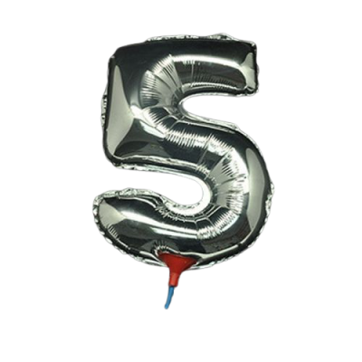 10 броя-Фолиев балон цифра 5, сребърен с пръчка - 40см