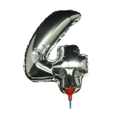 10 броя-Фолиев балон цифра 4, сребърен, с пръчка - 40см