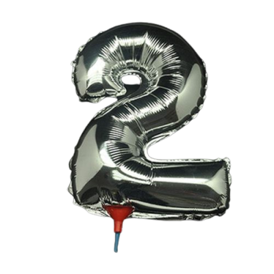 10 броя-Фолиев балон цифра 2, сребърен, с пръчка - 40см