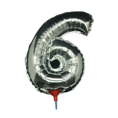 Фолиев балон цифра 6, сребърен с пръчка - 40см