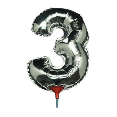 Фолиев балон цифра 3, сребърен с пръчка - 40см
