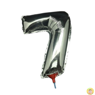 Фолиев балон цифра 7, сребърен с пръчка - 40см